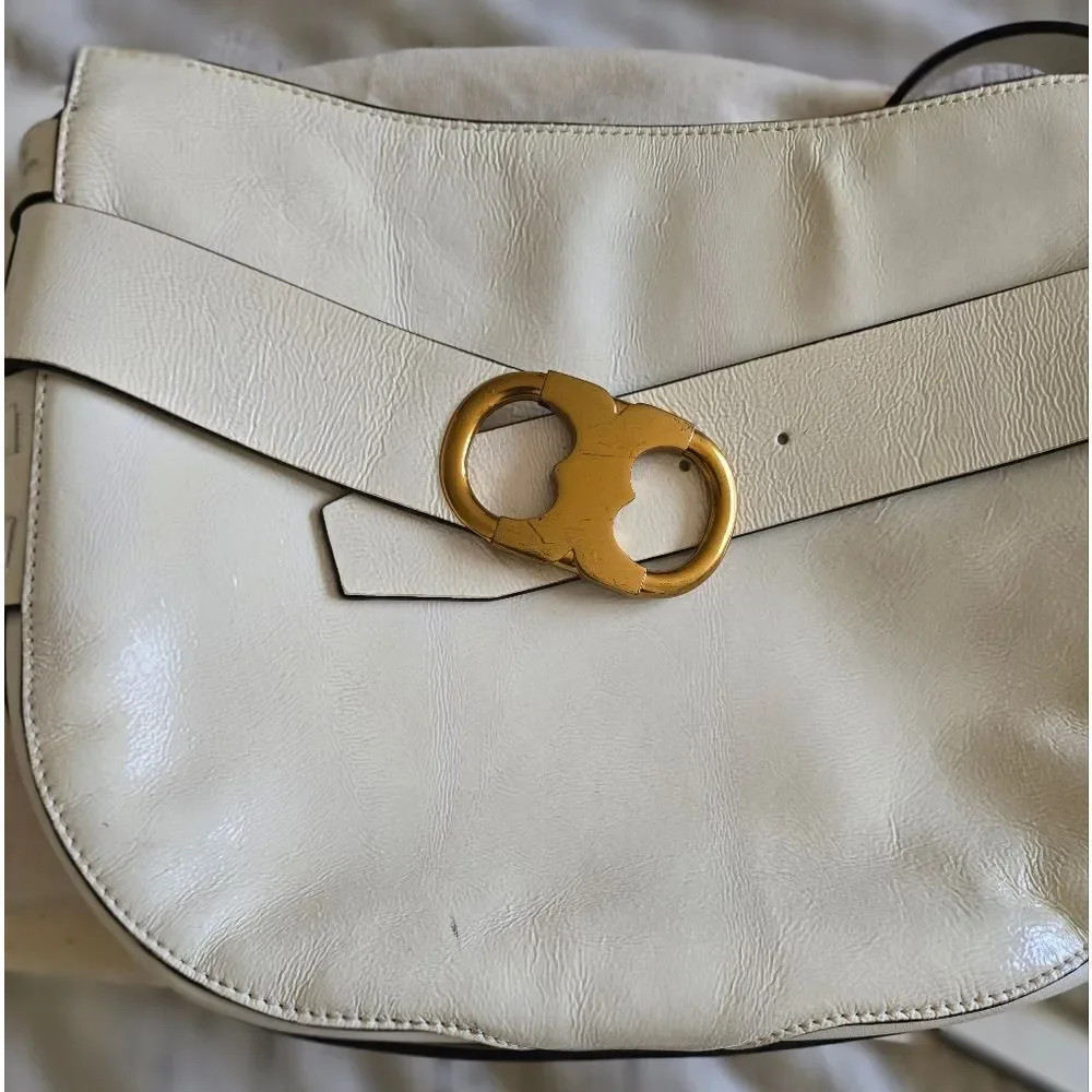 Tory Burch Gemini Cream Patent Leather Crossbody Bag with Gold Accents